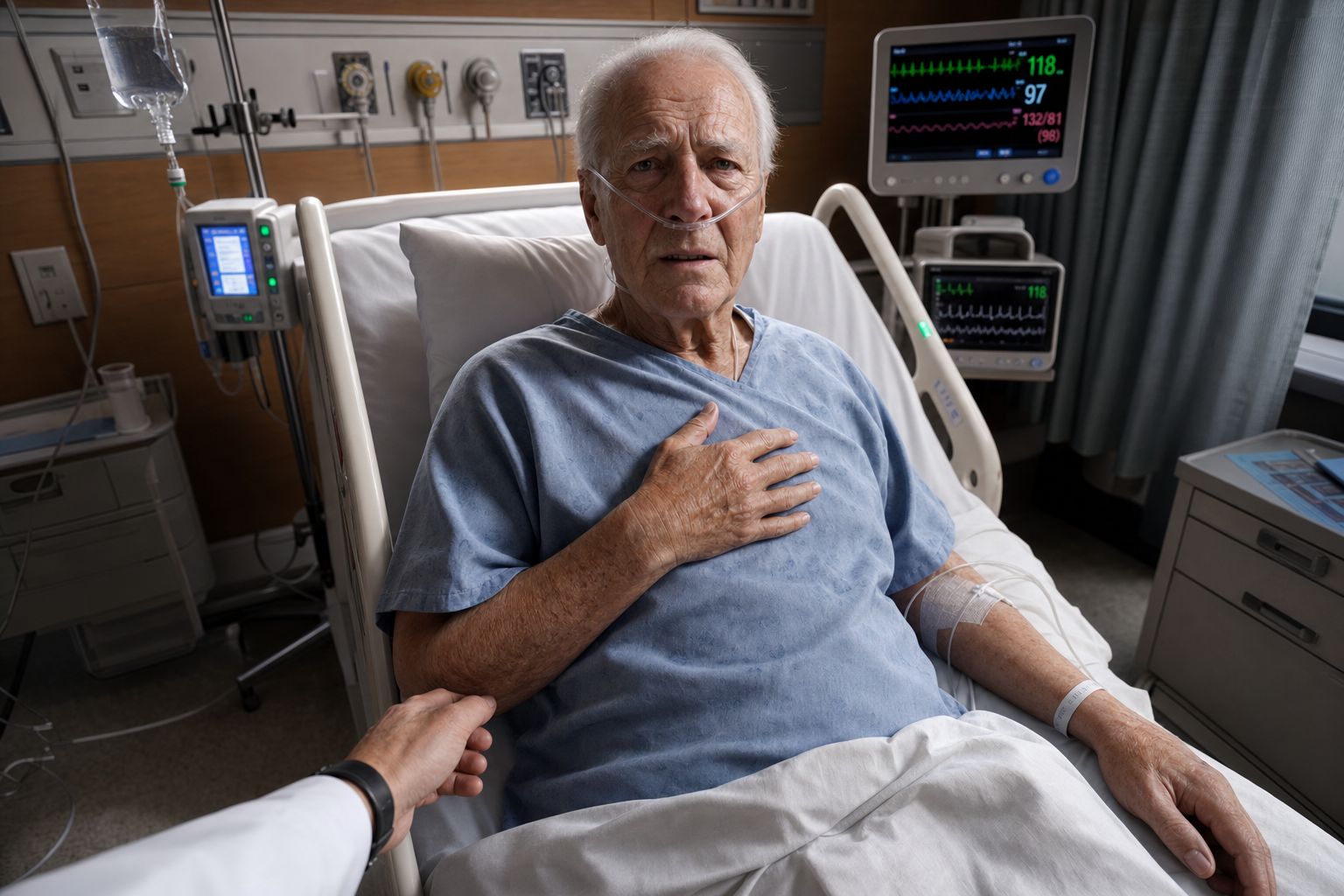 Elderly male patient in hospital bed with oxygen and monitors